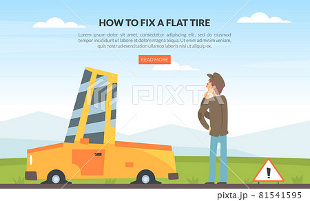 Car Accident with Motor Vehicle Having Tires Blowout Vector Web Page Template 81541595