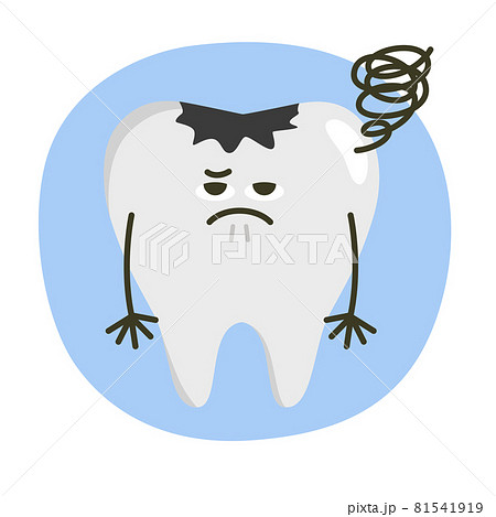 歯のイラスト 虫歯が出来て落ち込んでる歯のキャラクター のイラスト素材