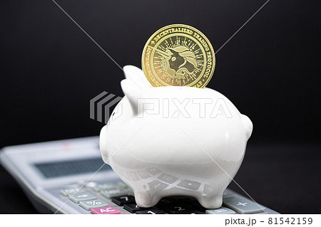 White piggy Bank and gole bitcoin stand on the calculator and black background. White piggy Bank and gole bitcoin stand on the calculator and black background. 81542159