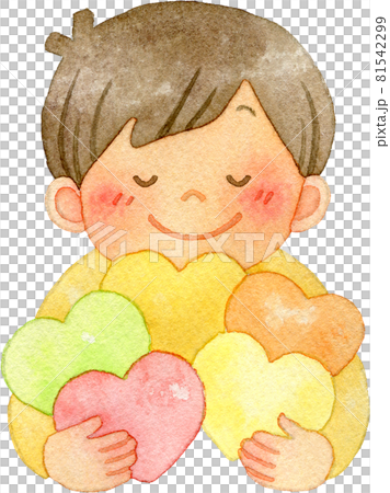 Watercolor illustration of a boy hugging five hearts 81542299