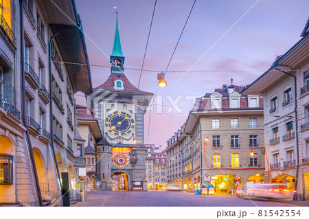 Zytglogge clock tower on Kramgasse street with shopping area in old city center of Bern Zytglogge clock tower on Kramgasse street with shopping area in old city center of Bern 81542554