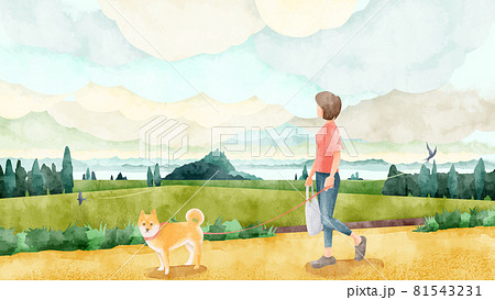 雲が広がる日本の田園風景水彩風イラストのイラスト素材
