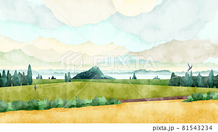 雲が広がる日本の田園風景水彩風イラストのイラスト素材