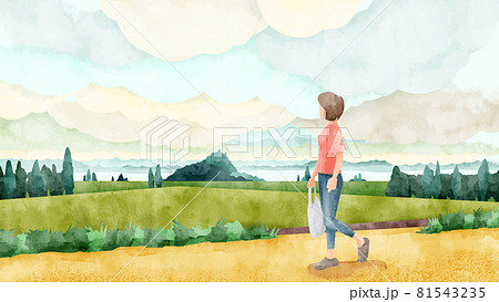 雲が広がる日本の田園風景水彩風イラストのイラスト素材 雲が広がる日本の田園風景水彩風イラストのイラスト素材