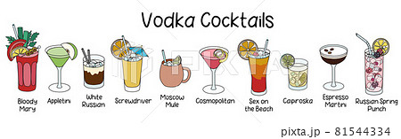 Collection set of classic vodka based cocktails Bloody Mary, Moscow Mule, Screwdriver, Sex on the Beach, Espresso Martini, White Russian, Appletini and oth. Cartoon doodle style vector illustration 81544334