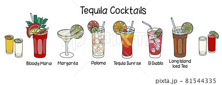 Collection set of classic tequila based cocktails Sunrise, Bloody Maria, El Diablo, Paloma, Margarita and two shots of golden silver tequila with sangrita. Cartoon doodle style vector illustration 81544335