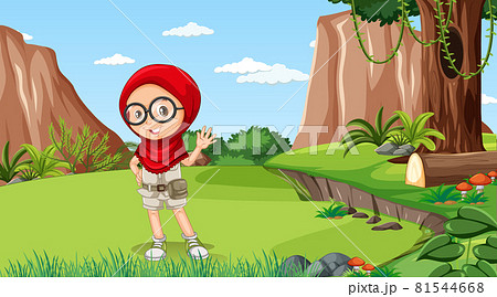 Nature scene with a muslim girl cartoon character exploring in the forest Nature scene with a muslim girl cartoon character exploring in the forest 81544668