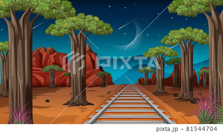 Railway through the desert landscape scene at night Railway through the desert landscape scene at night 81544704