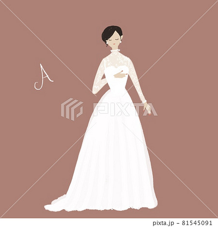 Aラインのウエディングドレスを着た女性、花嫁、ウエディング、ドレス、結婚式、テキスト有 81545091