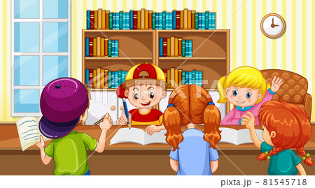 Scene with many kids doing homework at homeのイラスト素材 [81545718] - PIXTA