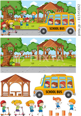 Park scene set with many kids doodle cartoon character isolated Park scene set with many kids doodle cartoon character isolated 81545892