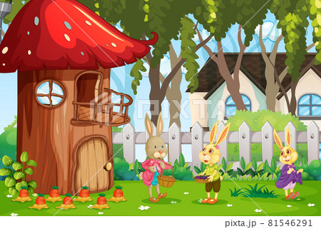 Outdoor scene with happy rabbit family in the garden 81546291