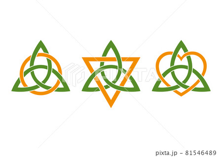 Colored triquetras, intertwined with three orange colored symbols. Green Celtic knots, triangle shaped figures, used in ancient Christian ornamentation, with a circle, a triangle and a heart. Vector. Colored triquetras, intertwined with three orange colored symbols. Green Celtic knots, triangle shaped figures, used in ancient Christian ornamentation, with a circle, a triangle and a heart. Vector. 81546489