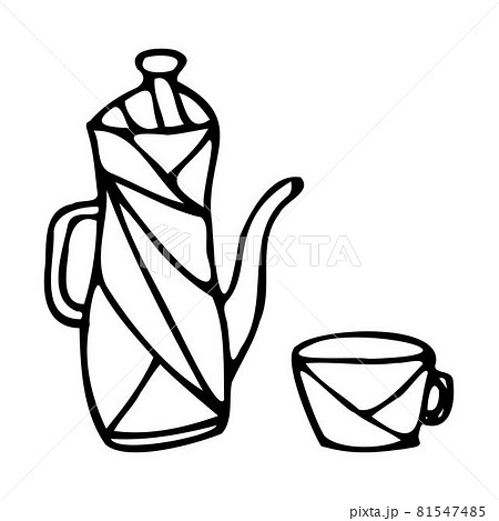 A set of teapot and cups with an ornament. 81547485