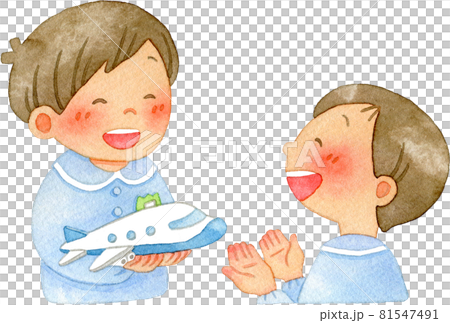 一個男孩借給他的朋友一架玩具飛機的水彩插圖 81547491