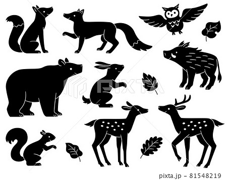 森の動物達のシルエットイラストのイラスト素材