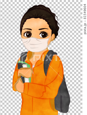 亞洲版一個戴著面具、背著筆記本和背包的女學生 81549604