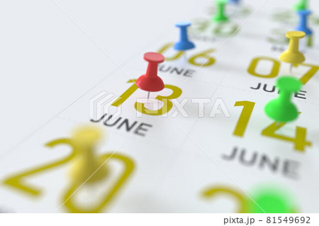 June 13 date and push pin on a calendar, 3D rendering June 13 date and push pin on a calendar, 3D rendering 81549692