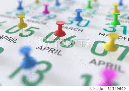April 6 date and push pin on a calendar, 3D rendering 81549699