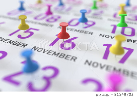 November 16 date and push pin on a calendar, 3D rendering 81549702