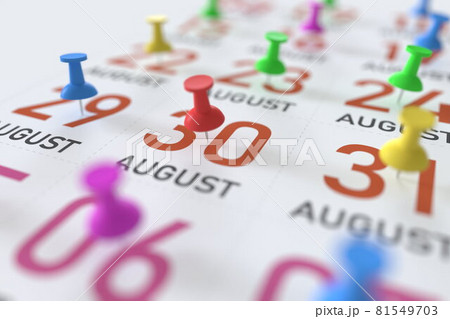 August 30 date and push pin on a calendar, 3D rendering 81549703