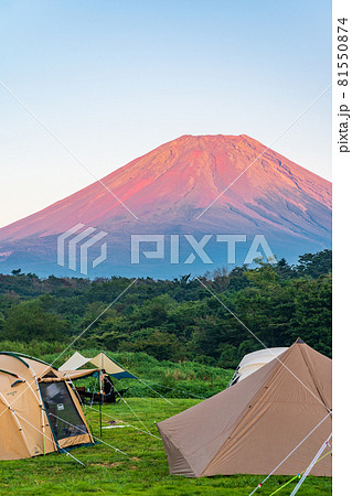 「山梨県」キャンプ場から眺める夕日に染まった赤富士 81550874