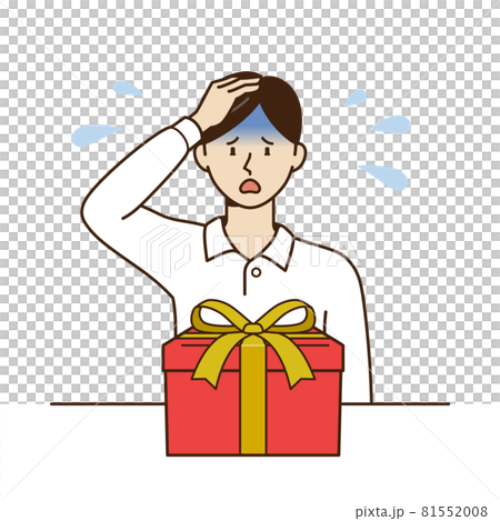 A man holding his head in front of a gift A man holding his head in front of a gift 81552008