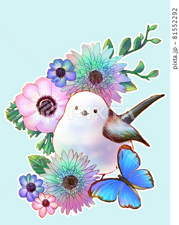 シマエナガと花と蝶 青背景 縦のイラスト素材