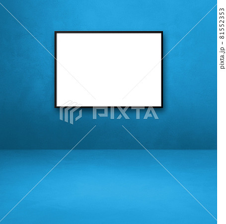 Black picture frame hanging on a blue wall 81552353
