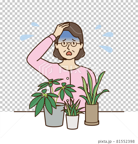 観葉植物を前に頭をかかえる初老の女性 観葉植物を前に頭をかかえる初老の女性 81552398