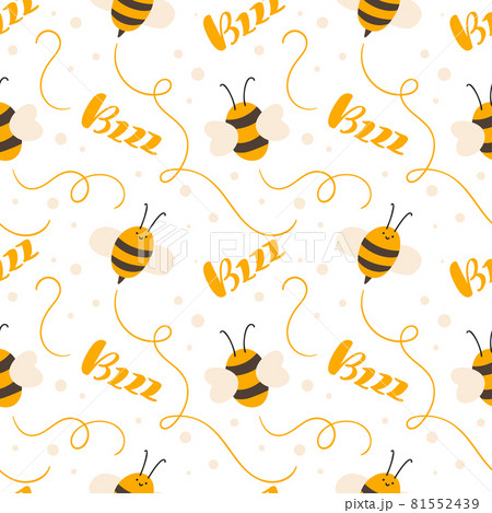 Cute child seamless hand drawn pattern with flying kid bee and calligraphy text Bzzz. Vector scandinavian baby summer illustration Cute child seamless hand drawn pattern with flying kid bee and calligraphy text Bzzz. Vector scandinavian baby summer illustration 81552439