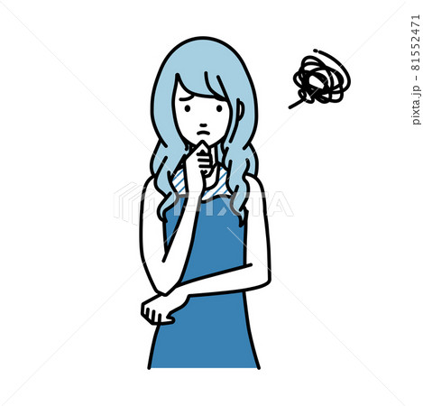 立って手をあごにあてて困っているドレスの女性のイラスト素材