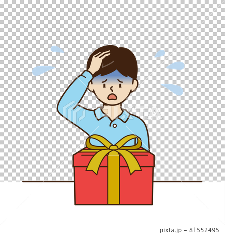 A boy holding his head in front of a present 81552495