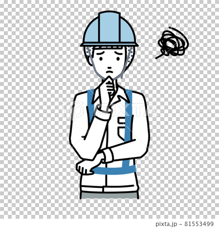 立って手をあごにあてて困っている工事現場の女性 81553499