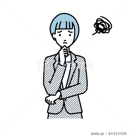 立って手をあごにあてて困っているスーツの女性 81553500
