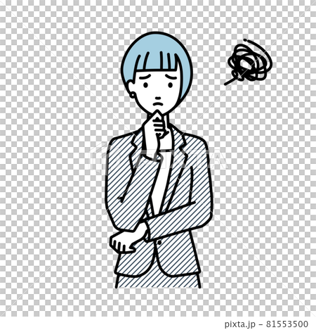 立って手をあごにあてて困っているスーツの女性 81553500