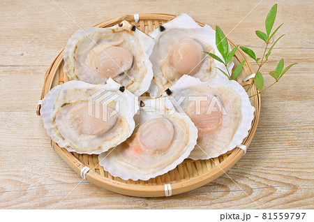 未加熱の殻付きホタテ、ほたて、帆立貝、海鮮、ホタテガイ、浜焼きイメージ。 81559797