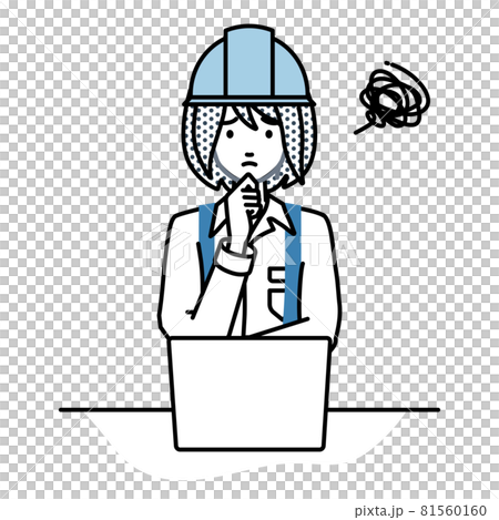 A woman at a construction site who is in trouble sitting at a desk and opening a PC A woman at a construction site who is in trouble sitting at a desk and opening a PC 81560160