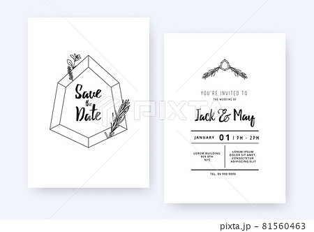 Minimalist wedding invitation card template design, hexagon gemstone and foliage line art Minimalist wedding invitation card template design, hexagon gemstone and foliage line art 81560463