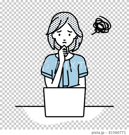 一位辦公室休閒女性坐在辦公桌前，無法打開她的電腦 81560771