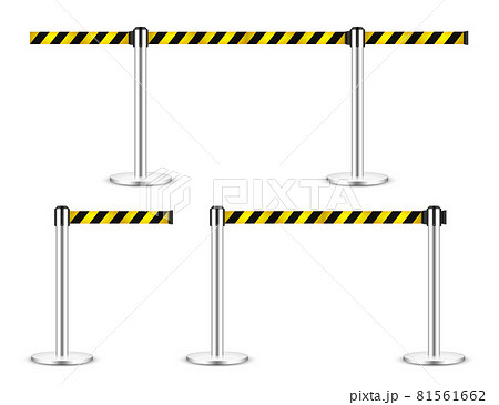 Realistic vector retractable belt stanchion. Crowd control barrier posts with caution strap. Queue 81561662