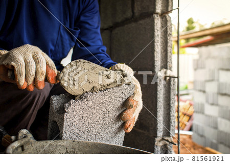 Close-up of a professional worker using a pan knife to build a brick wall with cement bricks and cement. Business ideas and the construction industry 81561921
