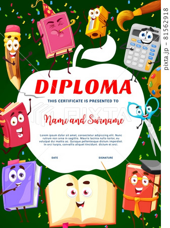 Kids diploma, cartoon school textbooks, calculator Kids diploma, cartoon school textbooks, calculator 81562918
