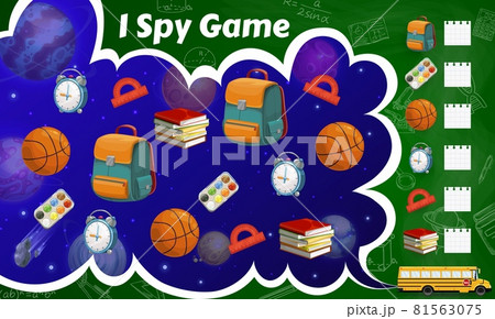 Spy game worksheet, school stationery, sport items Spy game worksheet, school stationery, sport items 81563075