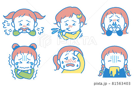 風邪の様々な症状が出ている女の子のイラストセットのイラスト素材