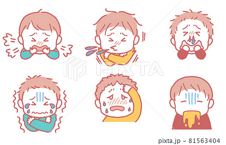 風邪の様々な症状が出ている男の子のイラストセットのイラスト素材