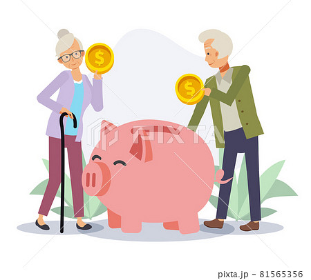 old Man and old woman saving money in piggy bank.Economy and financial independence,saving money concept,retire life.Flat vector 2D cartoon character illustration. 81565356