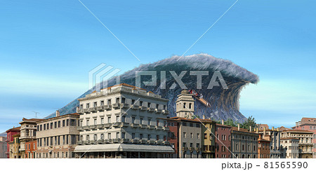 Tsunami wave apocalyptic water view urban flood Storm. 3D illustration 81565590