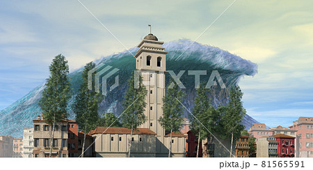 Tsunami wave apocalyptic water view urban flood Storm. 3D illustration Tsunami wave apocalyptic water view urban flood Storm. 3D illustration 81565591