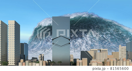 Tsunami wave apocalyptic water view urban flood Storm. 3D illustration 81565600